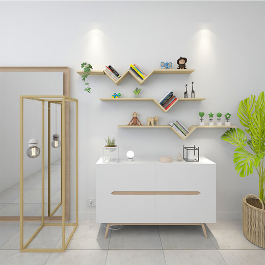 Huili's customized paint-free and punch-free wall storage shelves bookshelf wall creative grid TV background decorative storage partitions Package A (solid wood no paint model)