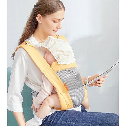 C baby strap is lightweight, front and rear dual-purpose, simple newborn front-held multi-functional back-back baby, classic upgraded version yellow 0-3 years old, free protective hat
