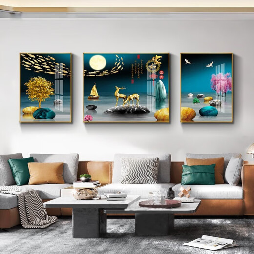 Tongdi Neues chinesisches Wohnzimmer Dekoration Malerei Sofa Hintergrund Wandmale moderne einfache Villa Hall Landschaft Malerei Dreifach hängende Gemälde 1 Familie und alles geht gut 12122 80*60 in der Mitte 40*60 auf beiden Seiten 40*60 schwarzer Rahmen (Kristallporzellanbilder)