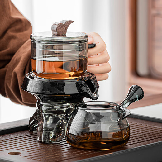 Good Kiln Light Luxury 2025 Glass Automatic Kung Fu Tea Set Household Stone Mill Rotating Lazy Tea Making Artifact Tea Cup Gray-Shi Lai Run Tea Maker