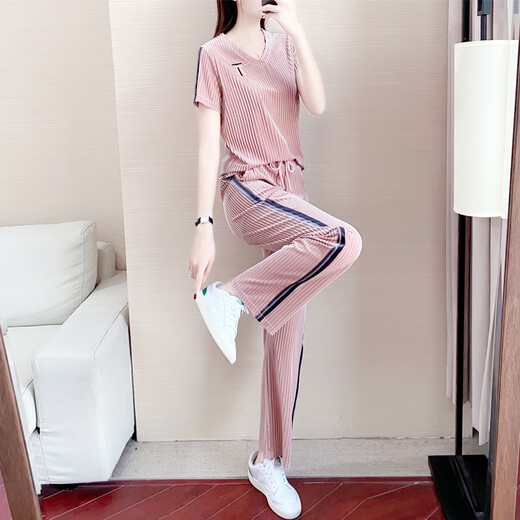 OYZ Hong Kong trendy brand short-sleeved suit for women summer new loose slimming fashionable casual V-neck wide-leg pants two-piece set trendy pink L