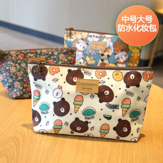OIMG Korean cute printed cosmetic bag small floral waterproof portable cosmetic bag large capacity toiletry bag travel storage bag orange small flower medium cosmetic bag