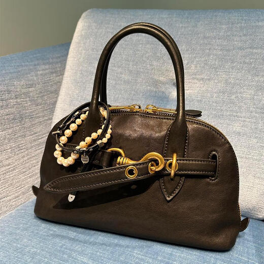 酷奇袋鼠植鞣皮复古贝壳包女手提保龄球包包高级感真皮单肩斜挎波士顿包包 咖啡色 植鞣羊皮