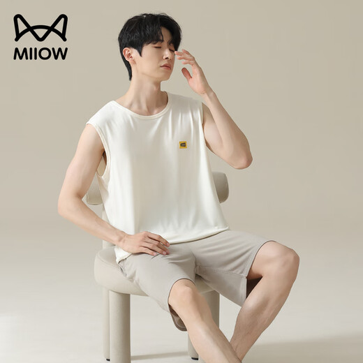 Cat man pajamas men ice silk cool summer vest sleeveless thin summer large-size home clothing set White [ice silk cool] 2XL [recommended 140-160Jin [Jin equals 0.5 kg]]
