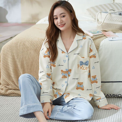 俏丽雅（qiaoliya）睡衣女春秋季纯棉长袖卡通套装韩版加长款加肥加大码秋女家 846 L