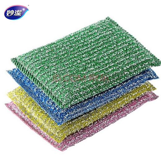 Miaojie color striped golden soft scouring pad 4 pieces dishwashing sponge wipe pot artifact steel ball kitchen loofah
