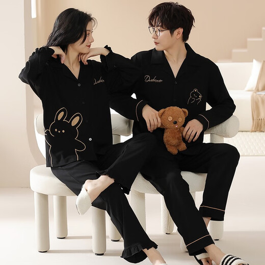 LangSha Couple Pajamas Autumn Pure Cotton Cartoon Cardigan Home Clothes Autumn One Male and One Female Student Dormitory Can Wear Outside Suit 961 Couple Outfit Female L + Male L