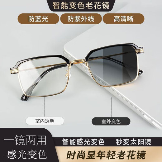 Parmio HD anti-blue light reading glasses Smart photosensitive color change glasses Fashion trendy and comfortable male and female elderly glasses XR1267A black and gold frame color change 150 degrees