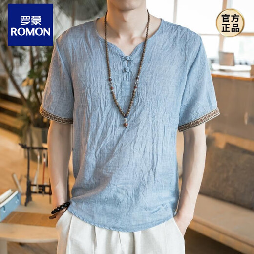 T-shirt en lin brodé de style chinois Romon Chinois pour hommes à manches courtes à manches courtes de grande taille et en lin 686 Pink 2xl 145Jin [Jin est égal à 0,5 kg]