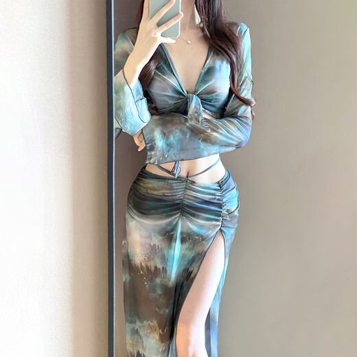 斤慕比基尼泳衣女2025新款分体四件套长裙性感欧美修身显瘦泡温泉度假 扎染墨蓝均码【建议80-118斤】