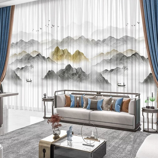 Transparent and opaque 5D three-dimensional ink landscape painting Chinese style gauze curtain for living room, bedroom, study, balcony, tea room partition curtain Thickened and opaque