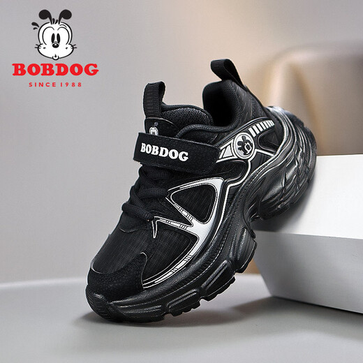 巴布豆（BOBDOG）童鞋网面透气男童运动鞋2025春新款皮面跑步鞋儿童鞋子男童老爹鞋 黑白(皮面) XT-K674 35 码 (内长22.5厘米)