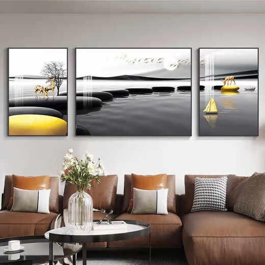 
Chengzai Shilai Runs Living Room Decoration Painting Sofa Background Wall Landscape Hanging Painting Modern Light Luxury Atmospheric Triple Mural JD13571 Left and left 50*70 Middle 90*70 Textured Oil Canvas Aluminum Alloy Black Frame