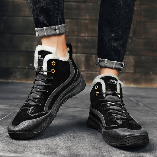 Jeep men's shoes 2025 new spring and autumn warm snow Martin boots outdoor workwear medium and high top casual shoes black 1289 (leather shoe size) 38