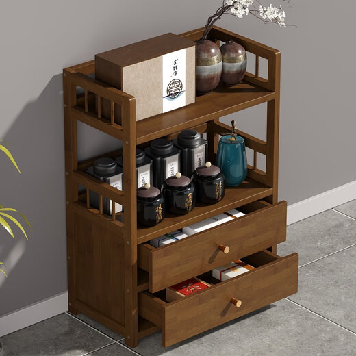 Huangweima tea cabinet storage rack office tea cabinet bamboo wood living room floor-standing tea table side cabinet storage storage small cabinet Lingyun 50 three-layer double drawer