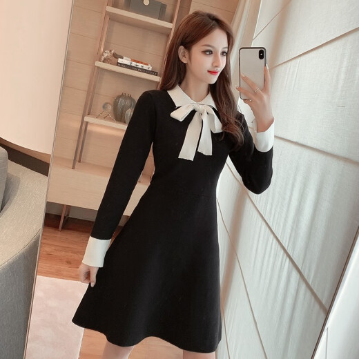 KuoyiHouse knitted dress 2020 autumn and winter style bow small fragrant style long-sleeved a-line skirt slim fit XNMK1055 black one size