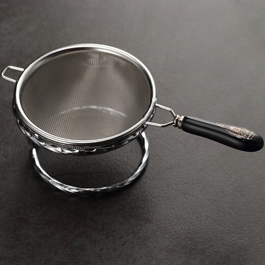 Jiutang Japanese-style stainless steel tea drain, tea filter, tea filter, handmade rattan tea drain, tea ceremony tea tray accessories, tea separator, large stainless steel tea drain with black handle (plus base)
