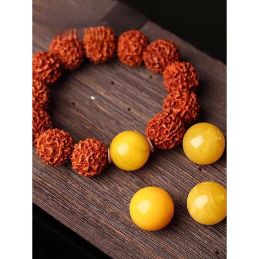T&U beeswax single bead round bead chicken oil yellow floating flower old wax single hand string bead bracelet with bead Rudraksha accessories 8mm chicken oil yellow floating flower one 0 carat