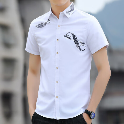 以堡狼（YIBAOLANG）夏季新款短袖男士衬衫潮流修身免烫商务上班衬衣休闲半袖 828浅蓝色 L（105-120斤）