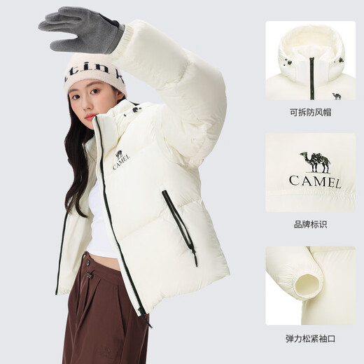 Camel (CAMEL) black diamond series short down jacket women's winter new warm windproof hooded down jacket bread jacket 724CA6B601, snow lotus white, women's XL