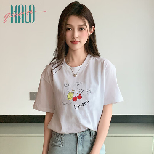 Halo Queen短袖T恤女夏季薄款休闲宽松圆领上衣樱桃涂鸦印花T恤H143T1591