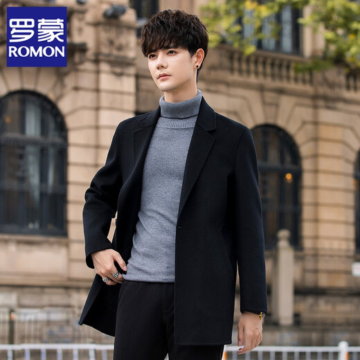 ROMON double-sided fleece woolen coat men's mid-length suit woolen coat autumn and winter thickened high-end windbreaker men's gray green XL
