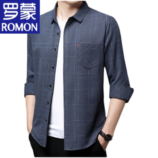 罗蒙（ROMON）纯棉长袖衬衫男春秋款真口袋中年男装格子宽松大码衬衣男 长袖薄款6626兰色 180/2XL建议145-160斤