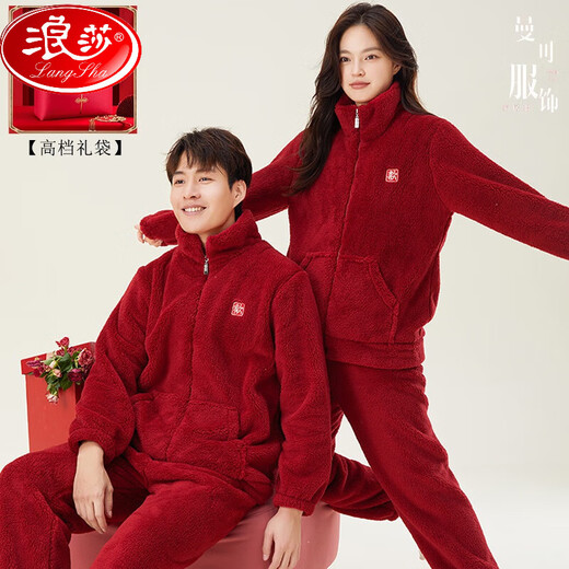 浪莎（LangSha）秋冬季结婚情侣睡衣红色珊瑚绒加厚加绒男女士新婚婚庆家居服套装 9716+图案+囍气洋洋 加 厚加绒 M 女款： 建议80-100斤