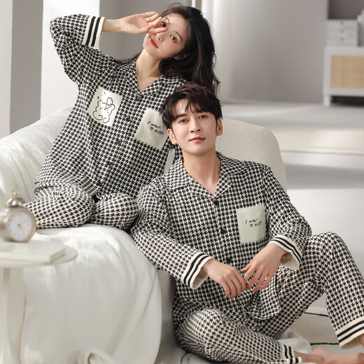 LangSha (LangSha) couple pajamas for women in spring and autumn pure cotton long-sleeved cardigan fashionable checkered home clothes for men can wear casual suits for men 579+women 679 Male XL [175-180CM/140-160Jin [Jin equals 0.5 kg]]