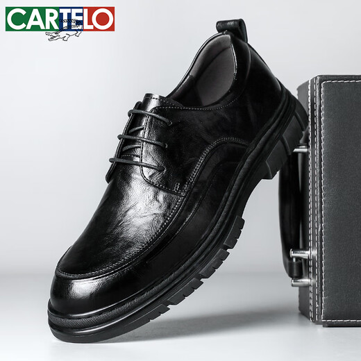 卡帝乐鳄鱼（CARTELO）英伦男士皮鞋透气耐磨经典商务正装鞋圆头软牛皮鞋男9892黑色41