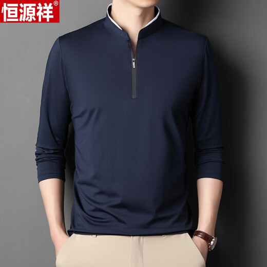 恒源祥国潮长袖T恤丝光棉衣服男装立领纯色带拉链上衣秋季中年时尚体恤 6623黑色 185/3XL建议170-190斤