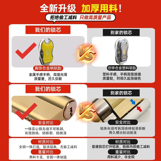 全铜锁芯防盗门通用型锁芯锁心超c级叶片防撬锁芯abc带钥匙锁门 13540+95