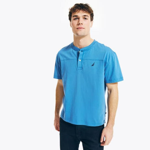 NAUTICA Men's Short-Sleeved Henley Shirt Pure Cotton Comfortable Breathable Buttoned Round Neck Loose Casual Style Elegant Trendy Men Angel Blue XS