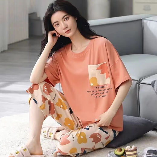 IOSN棉质睡衣女夏季短袖七分裤套装宽松大码短裤可外穿休闲家居服 短袖七分裤679 可爱熊 L 建议95-120斤穿