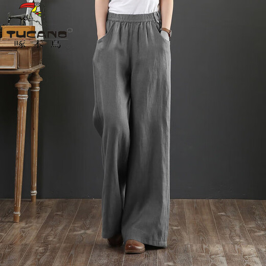 Woodpecker cotton and linen wide-leg pants for women in summer new Korean style fashionable straight-leg mopping pants loose large size draped linen casual pants gray [lace-up style] 9793 2XL [recommended 145-160Jin [Jin equals 0.5 kg]]