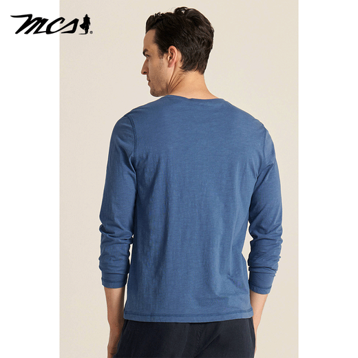 MCS comes from Marlboro American retro long-sleeved T-shirt spring new cotton slim round neck solid color Henley shirt for men light gray blue K1 56/XXXL/185