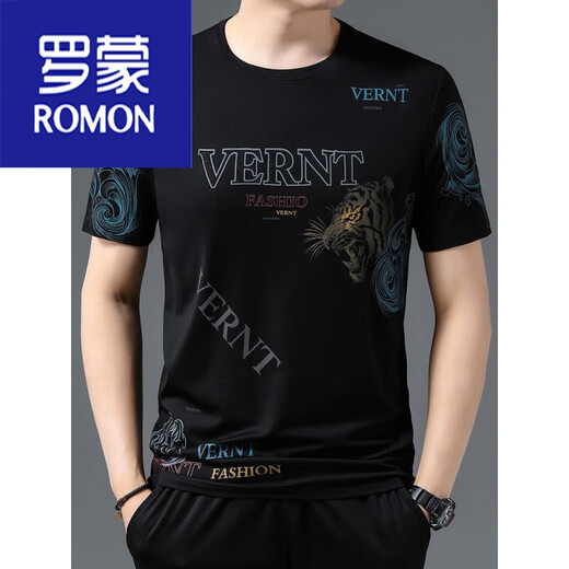 罗蒙（ROMON）男士短袖夏季新款宽松冰丝虎头休闲印花男装半袖t恤男潮 纯白 733.款字母虎头 175/ XL建议135-150斤