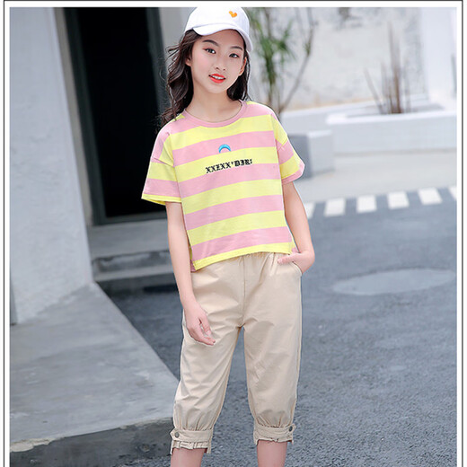 
Aino Round Girls Sports Set Medium-Grand Children's Summer Children's Short Sleeve Sweater Thin Casual Pants Two-Piece Clothes Blue Room Pink 160 Recommended height about 145-155CM