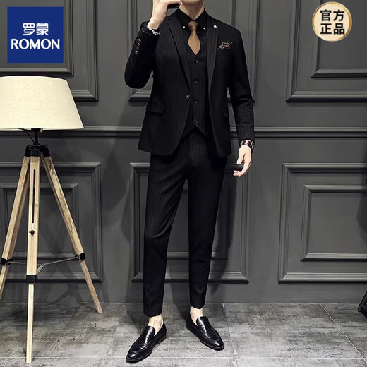 ROMON Haute Couture Men's Suit Business Formal Wedding Groom's Suit Three-piece Striped Slim Fit Large Size Dress Men One Button - Black (Suit + Trousers Shirt 3XL