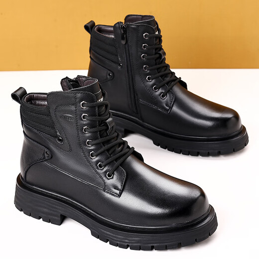 Zuomu Lion Head Layer Cowhide Army 3519 Martin Boots Men's Winter Plus Fleece Military Hook High-top Cotton Leather Boots Wool Warm Snow Boots Black [Top Cowhide Sheep Fur Integrated] 42
