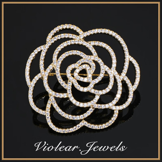 QUAMER small fragrant style brooch, high-end women's camellia corsage 2024 new trendy luxury brooch A style gold large size (50*51mm)