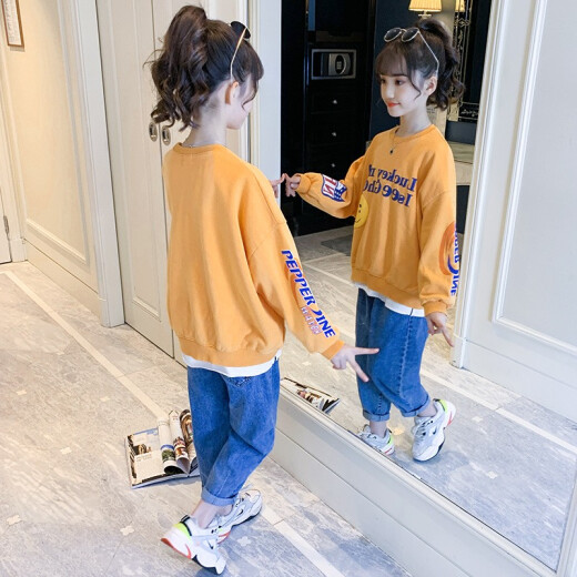 Zemeiyi Children's Clothing Girls Suit 2021 New Spring and Autumn Big Children's Sports Sweatshirt Jeans Two-piece Set Korean Style Girls Fashionable Fashion Clothes Primary School Students Clothes Orange 140 (Recommended 126-135cm)