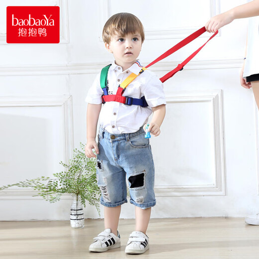 抱抱鸭 儿童安全带牵引绳防走失带宝宝学步带婴儿防丢绳学走路透气防勒 蓝配红-透气款-约1.2米绳