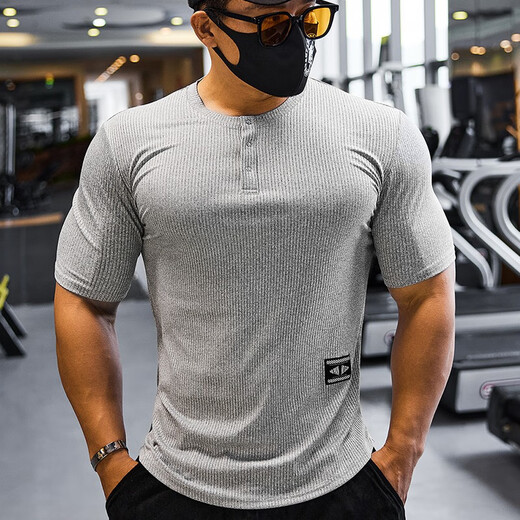 Lutielang sports tights short-sleeved round neck T-shirt quick-drying elastic training fitness clothes coach work clothes gray L
