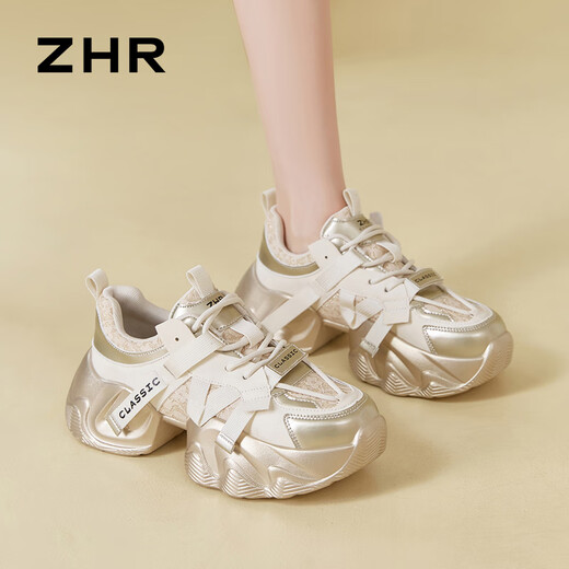 ZHR dad shoes for women with lightweight thick sole heightened casual shoes versatile trendy round-toe women's shoes G677 gold 36