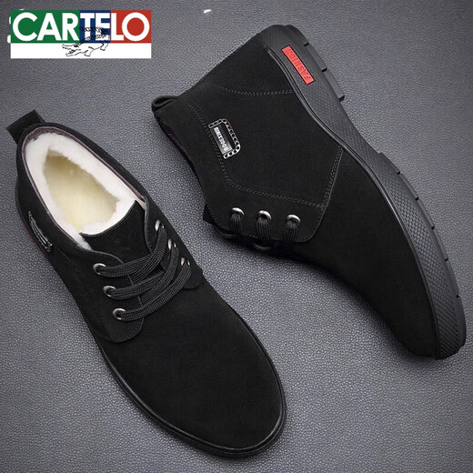 Cartelo Winter Herren-Baumwollschuhe echtes Leder und Fleece Frosted Leder High Top warme Baumwollschuhe Anti-Rutsch Reverse Fleece Cowhide Herrenschuhe Zipper Schwarz 9855 43