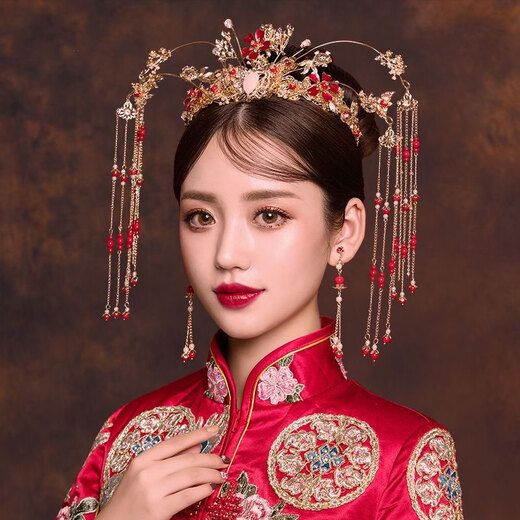 Meng Junchen bridal costume headwear phoenix crown and show dress accessories round hair crown Chinese wedding tassel hair accessories phoenix crown + earring clip