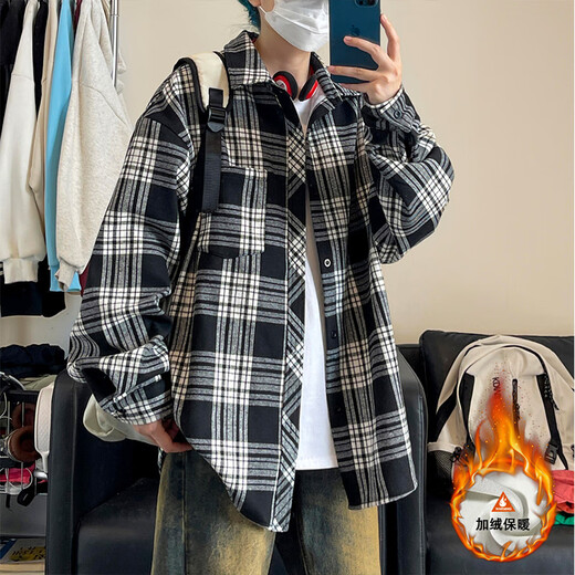 轩凡朵加绒加厚长袖衬衫男士秋冬季新款美式复古潮流牌衬衣百搭大码外套 c9734橙色 M  建议90-110斤