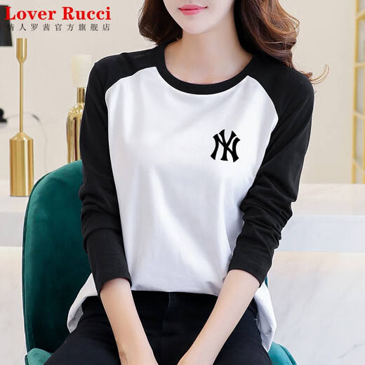 LOVER RUCCI French European women's long-sleeved versatile loose raglan sleeve T-shirt spring and autumn new pure cotton T-shirt women's casual gray blue sleeves (regular style) black picture, right chest L