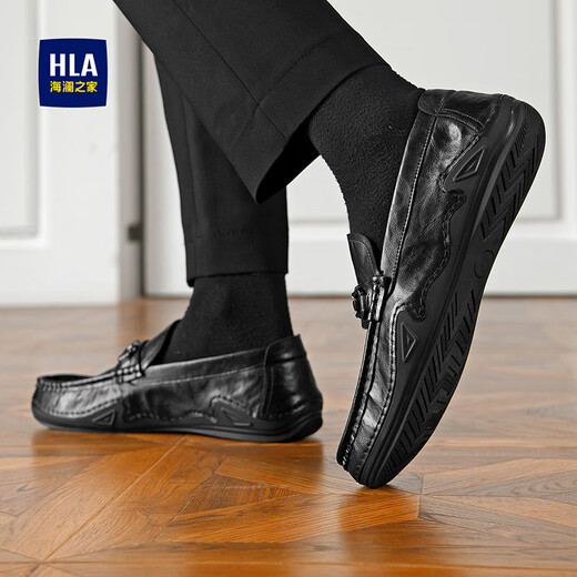 Heilan House Leather Shoes Men's Doudou Shoes Men's 2025 New Spring Breathable Business Casual Shoes Soft Sole Formal Slip-On Men's Shoes Black Four Seasons 42